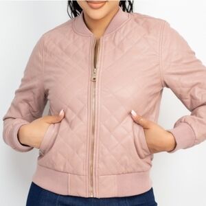 Denim Blvd Los Angeles Quilted Pink Faux Leather Bomber Jacket
